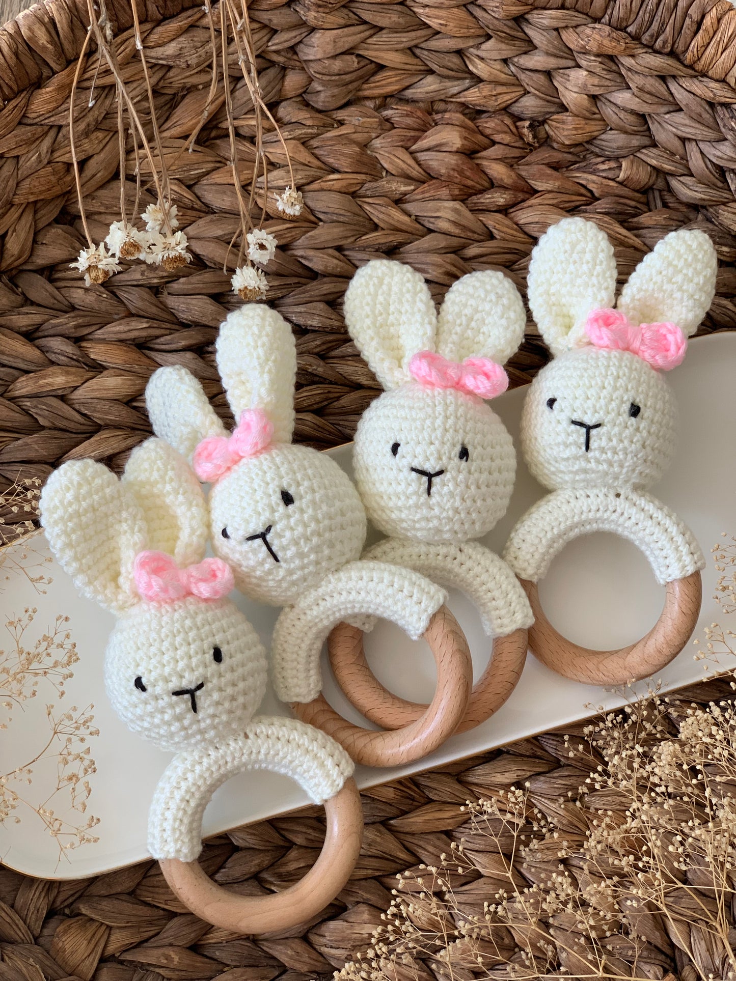 Girl Bunny baby rattles, crochet rattles, baby teether