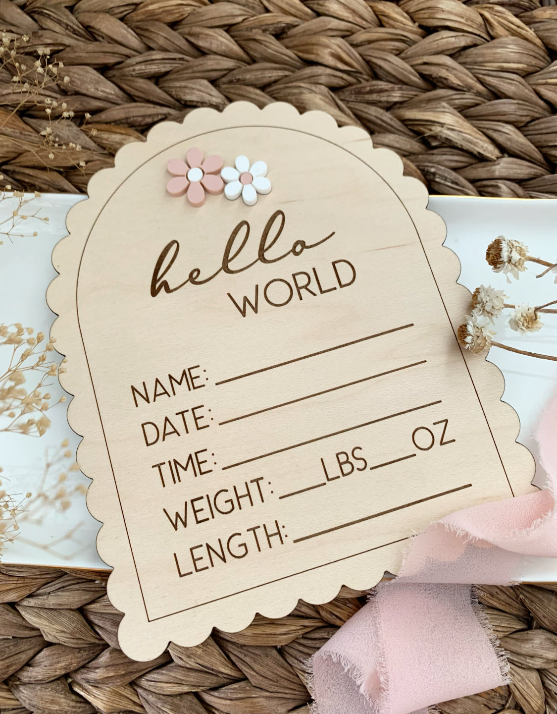 Hello world daisy themed baby stat sign, birth announcement plaque