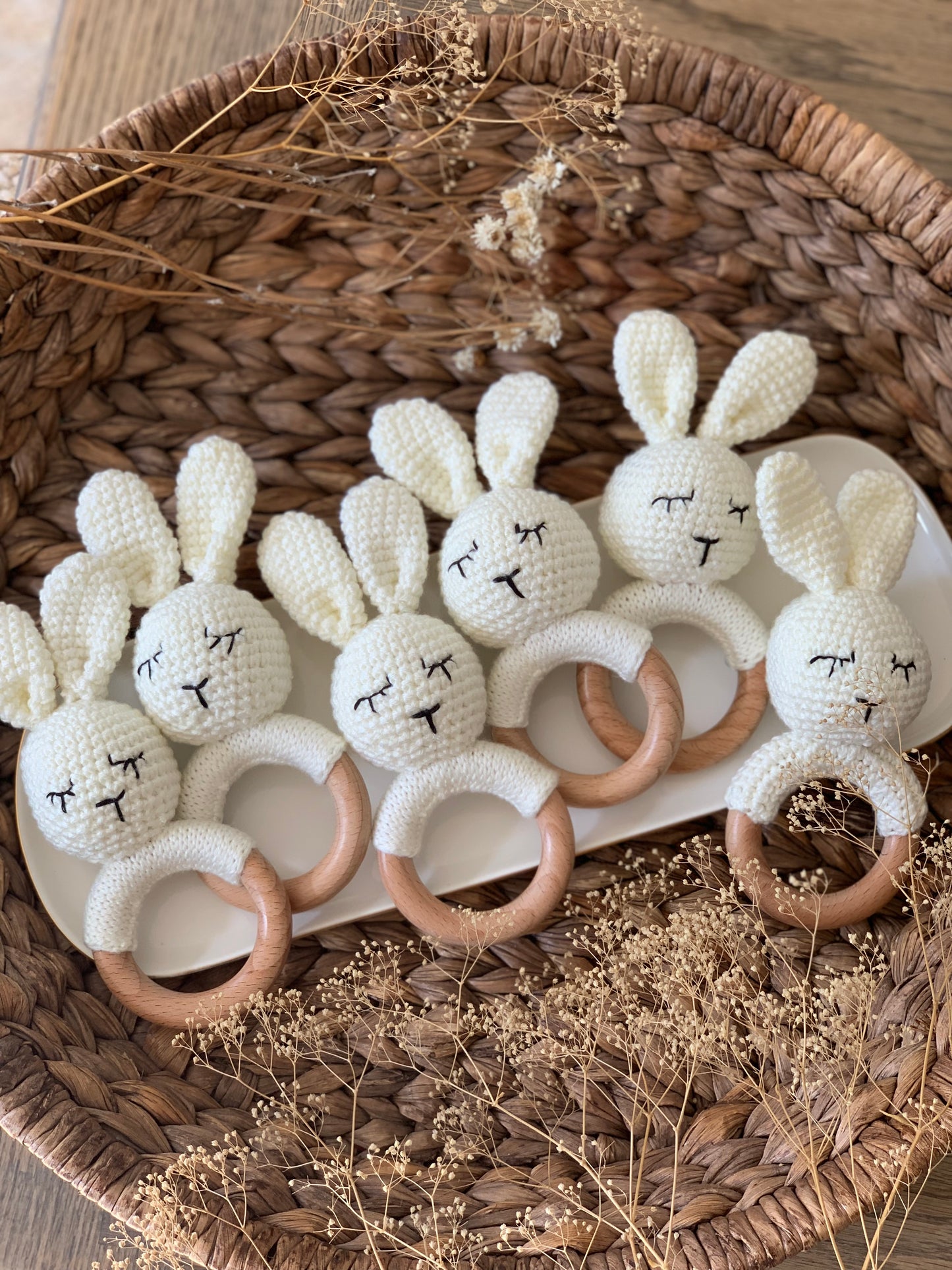 Boy Bunny baby rattles, crochet rattles, baby teether
