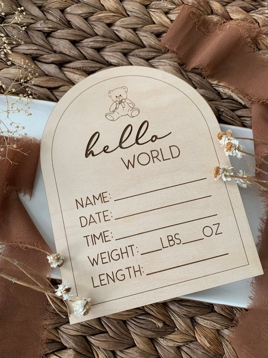 Hello world teddy bear stat sign, birth announcement plaque