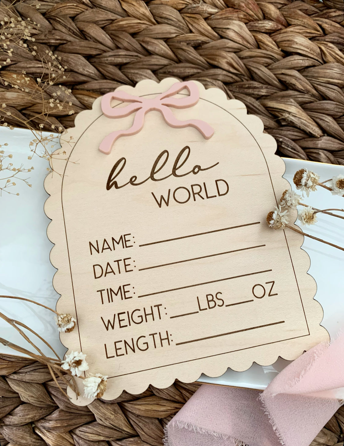 Hello world bow themed baby stat sign, birth announcement plaque