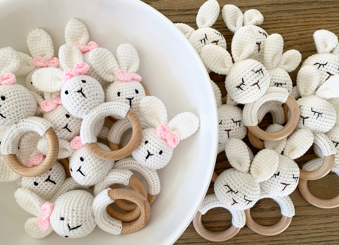Bunny baby rattles, crochet rattles, baby teether