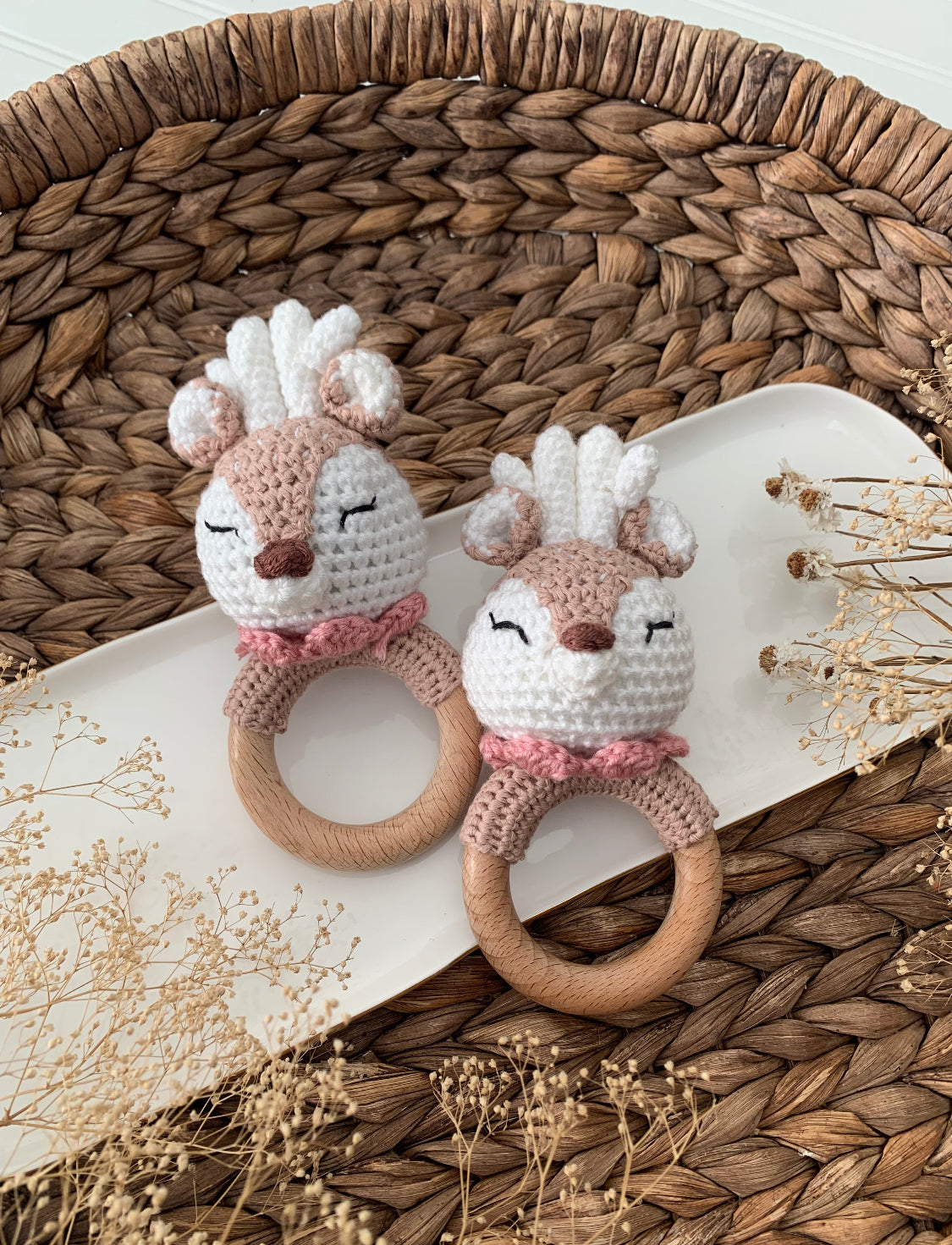 Deer baby rattles, crochet rattles, baby teether