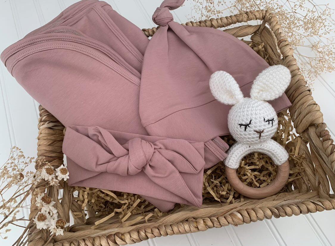 Baby girl swaddle/bow set in dusty rose